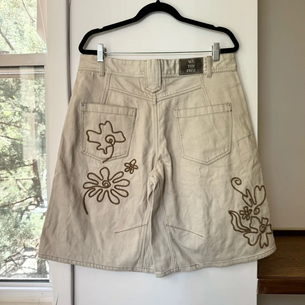 Free People Cruisin Soutache Long Jean Shorts Cream 32